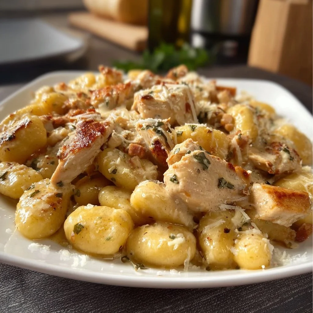 Creamy chicken and gnocchi dish served in a white bowl with herbs