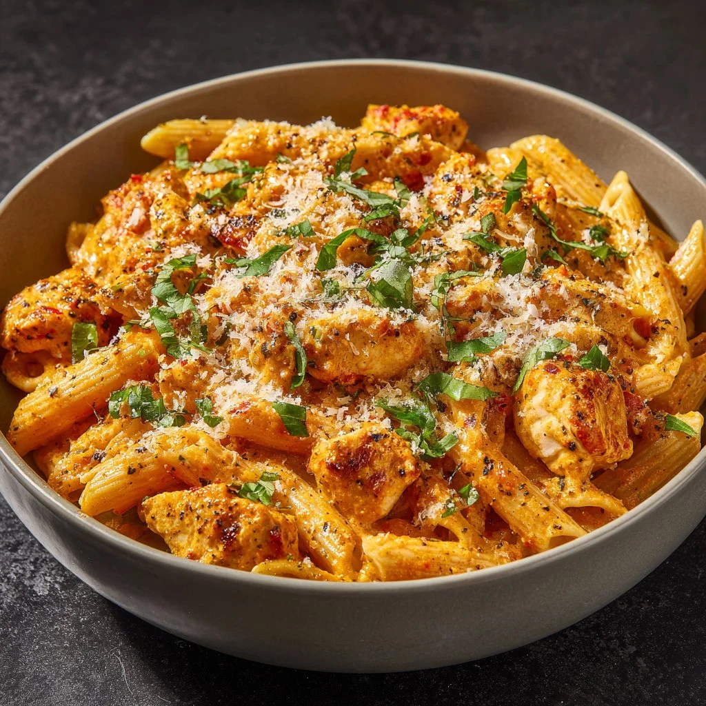 Creamy Chicken Parmesan Pasta dish garnished with herbs