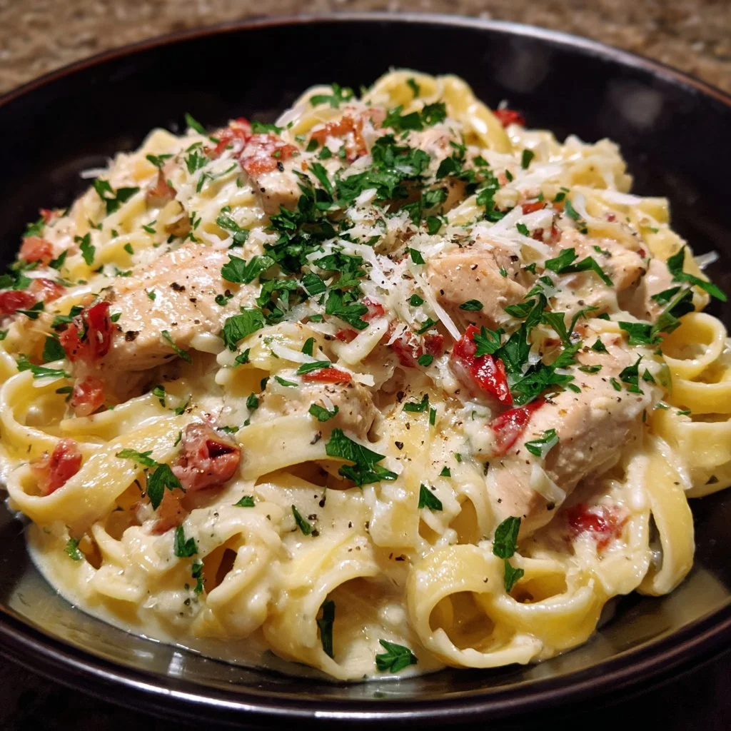 Creamy chicken pasta dish topped with herbs and parmesan.