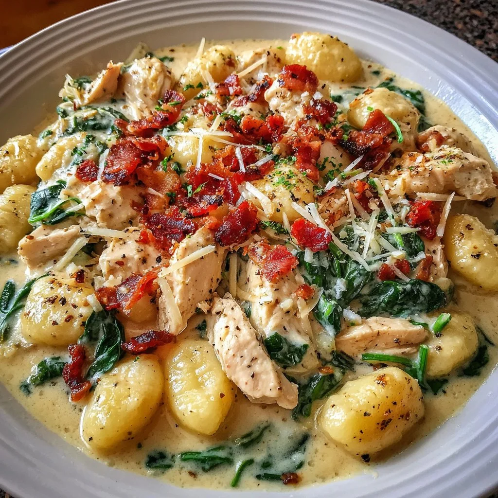 Bowl of creamy Crack Chicken Gnocchi garnished with herbs