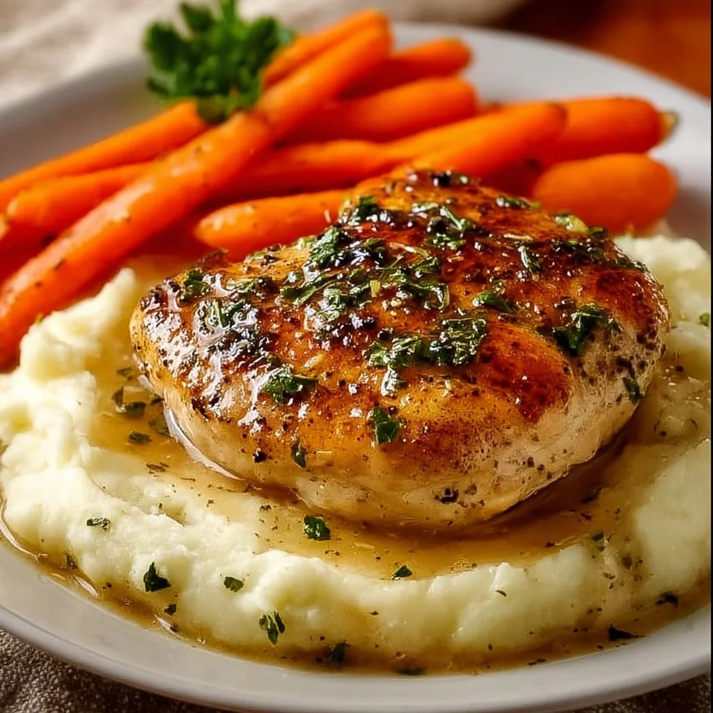 Creamy garlic parmesan chicken served with herbs and pasta on a plate