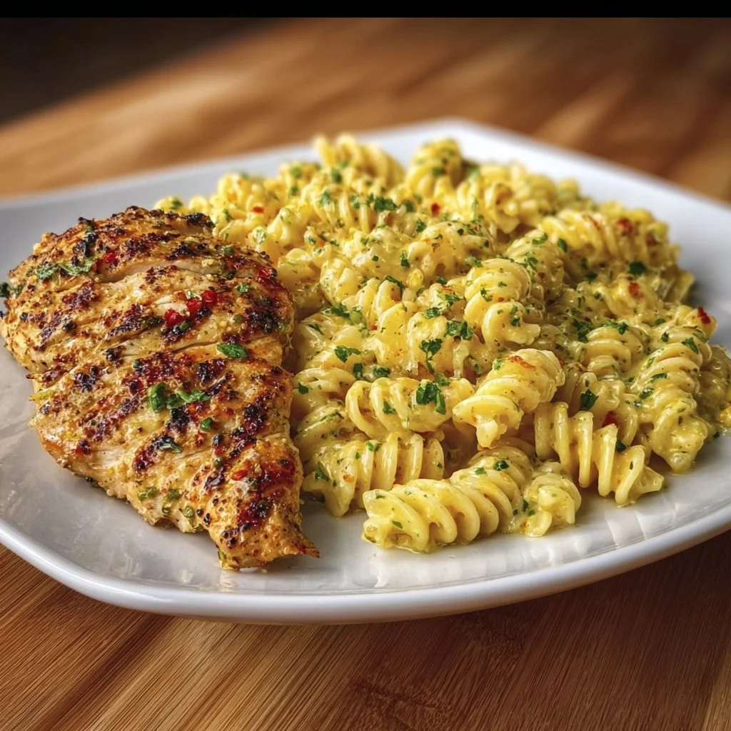Creamy garlic parmesan chicken pasta garnished with herbs