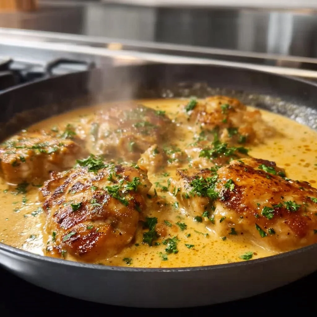 Creamy lemon garlic chicken served with herbs on a plate