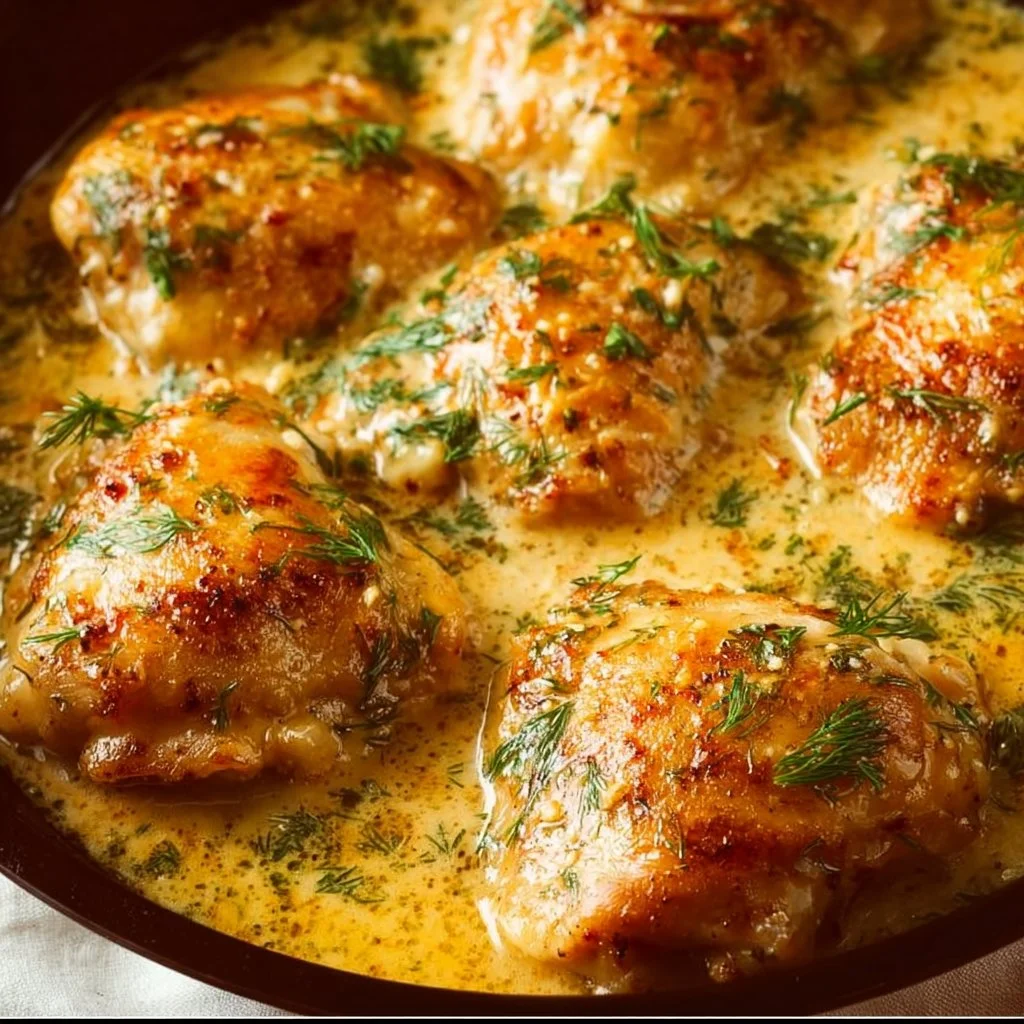 Creamy oven baked chicken thighs served on a plate with vegetables