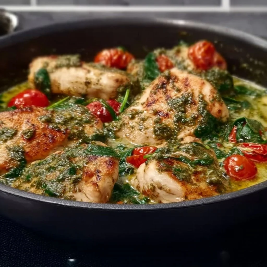 Creamy pesto chicken served with fresh herbs and cherry tomatoes.