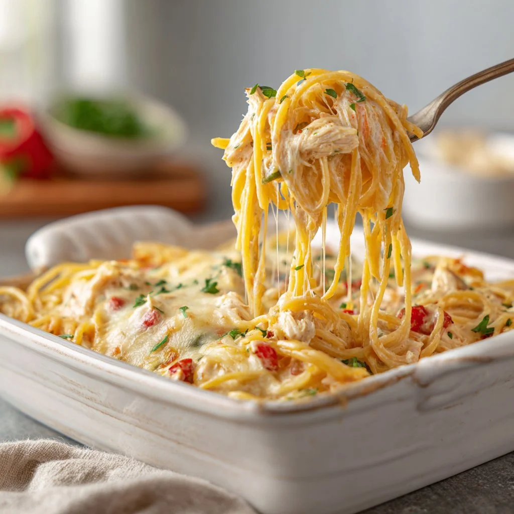 Creamy Rotel Chicken Spaghetti Casserole dish topped with cheese and herbs