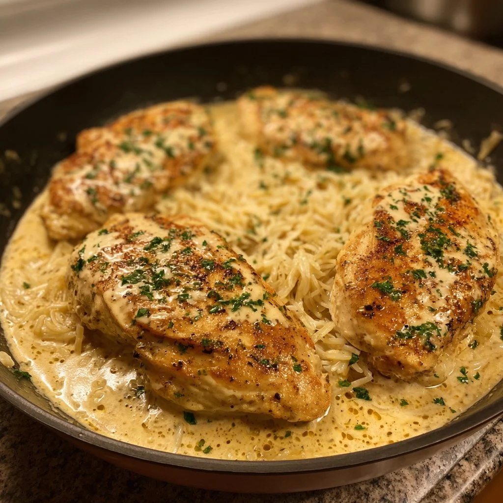 Creamy smothered chicken served on a plate with herbs