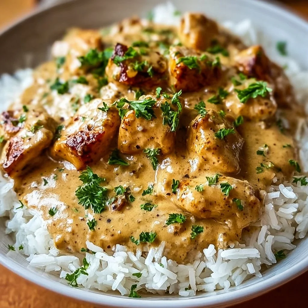 Creamy smothered chicken served with fluffy rice on a plate