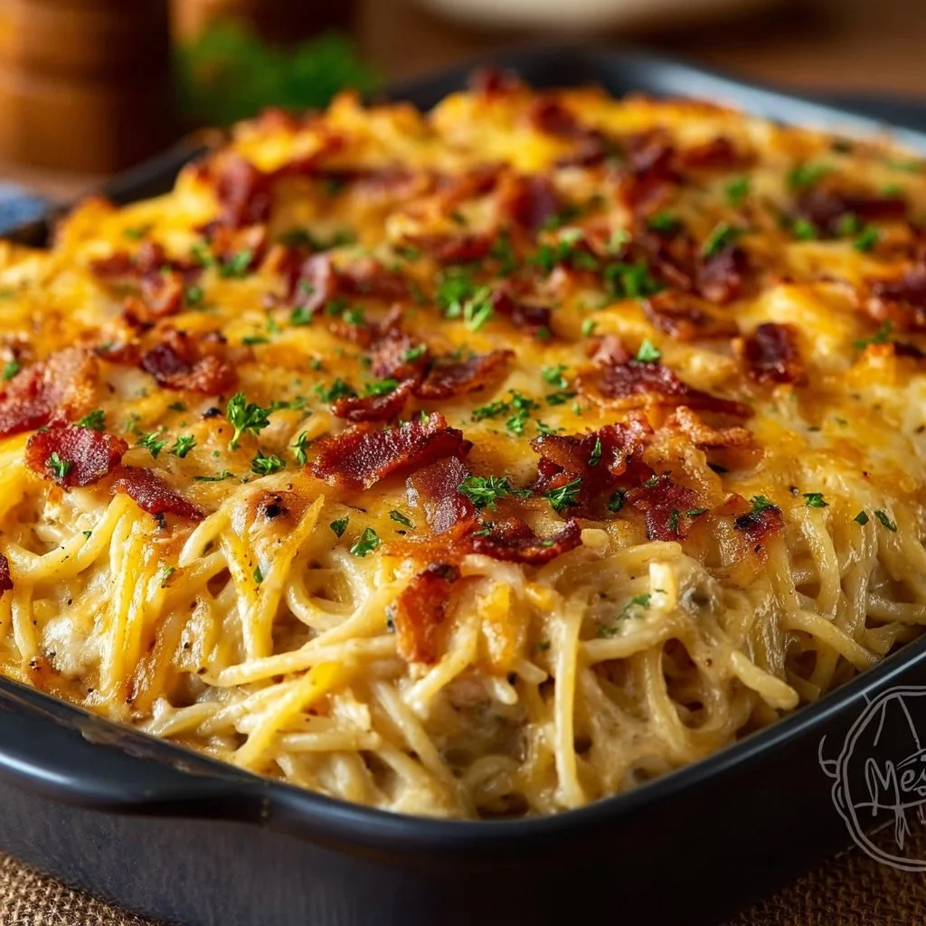 Creamy Southern Spaghetti Bake served in a casserole dish