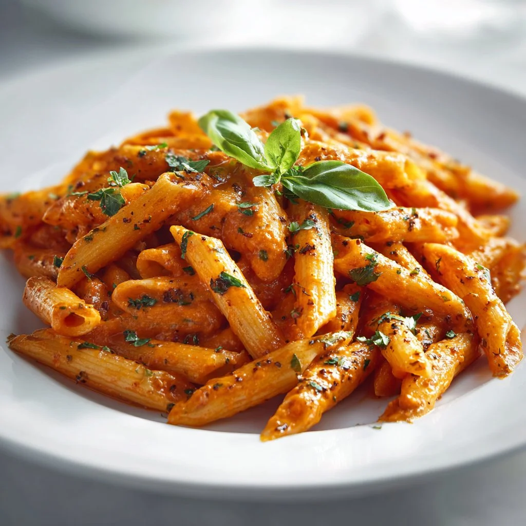 Creamy tomato pasta dish garnished with fresh basil and parmesan cheese
