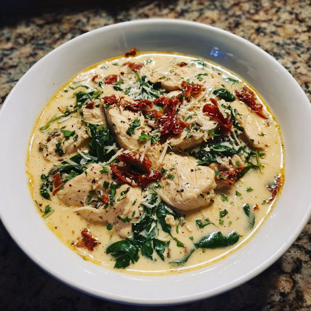 Creamy Tuscan chicken dish with spinach and sun-dried tomatoes