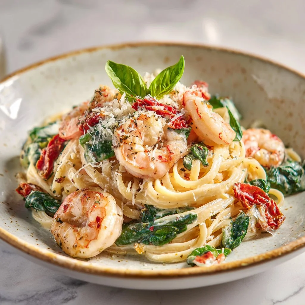 Creamy Tuscan shrimp linguine with shrimp, tomatoes, and herbs
