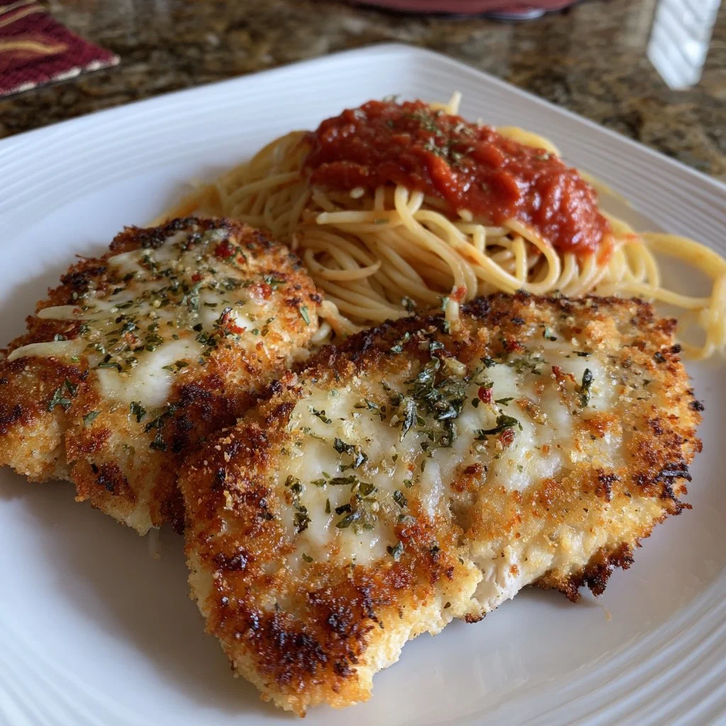 Crispy Air Fryer Chicken Parmesan served with fresh herbs