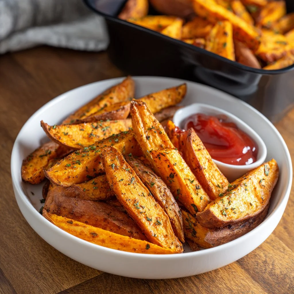 Crispy air fryer sweet potato wedges served in a bowl