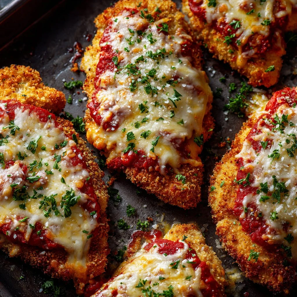 Crispy Chicken Parmesan served with marinara sauce and fresh basil