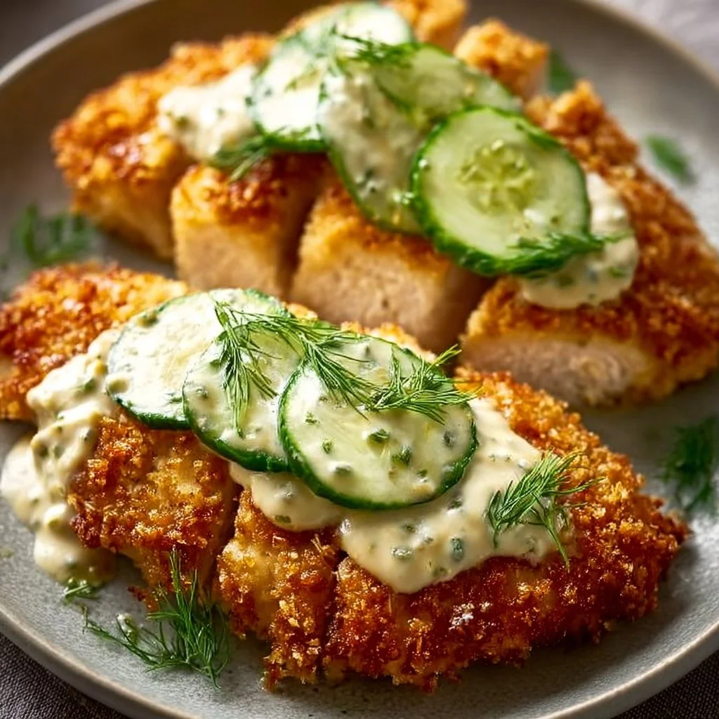 Crispy dill pickle parmesan chicken served with fresh sides