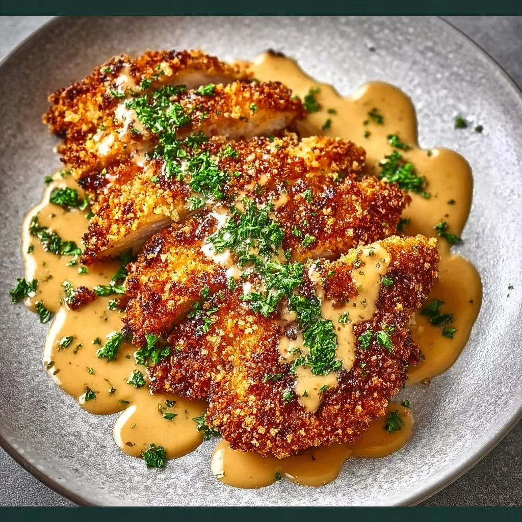 Crispy Parmesan Chicken served with rich garlic sauce on a plate