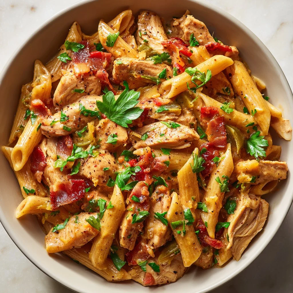 Bowl of Crock Pot Creamy Cajun Chicken Pasta garnished with herbs