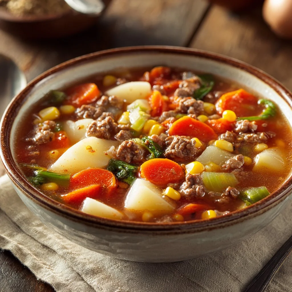 Delicious Crock Pot Hamburger Soup in a bowl with fresh ingredients.