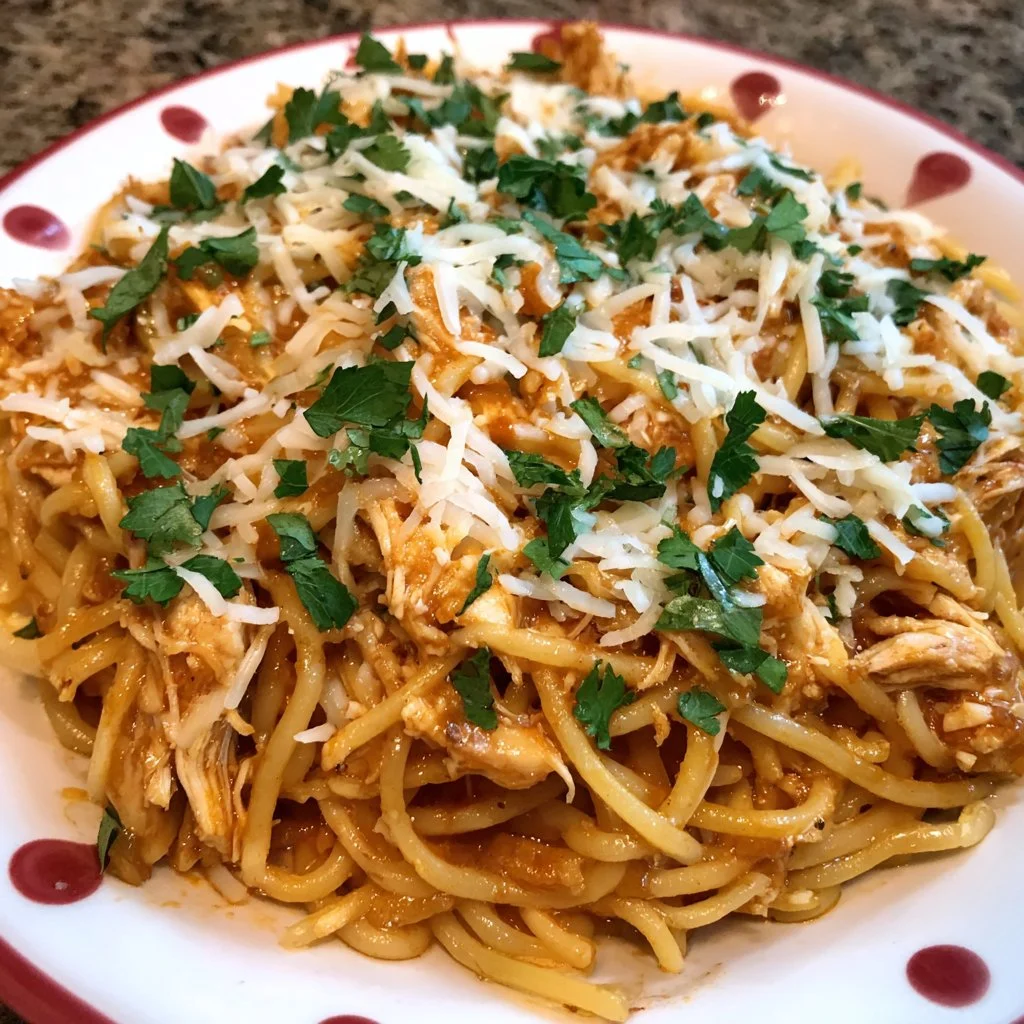 Delicious crockpot chicken spaghetti topped with cheese and herbs.