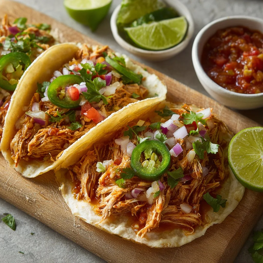 Delicious crockpot chicken tacos served with fresh toppings