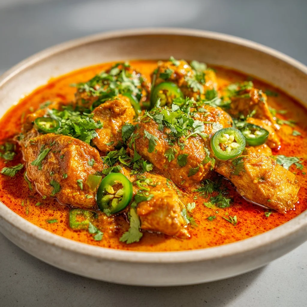 Bowl of Crockpot Coconut Curry Chicken garnished with fresh cilantro.