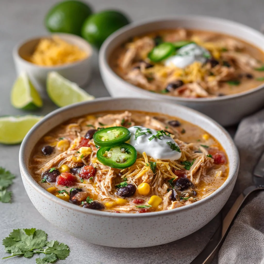 Crockpot Cream Cheese Chicken Chili in a bowl with toppings