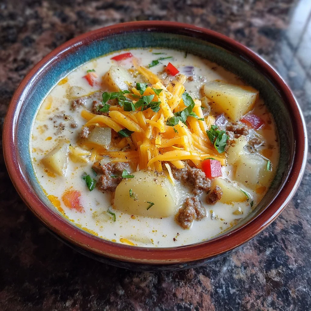 Crockpot Creamy Potato and Hamburger Soup garnished with fresh herbs