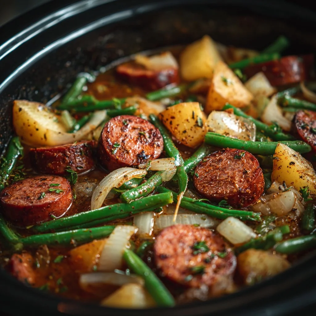 Crockpot Kielbasa with tender green beans in a savory sauce.