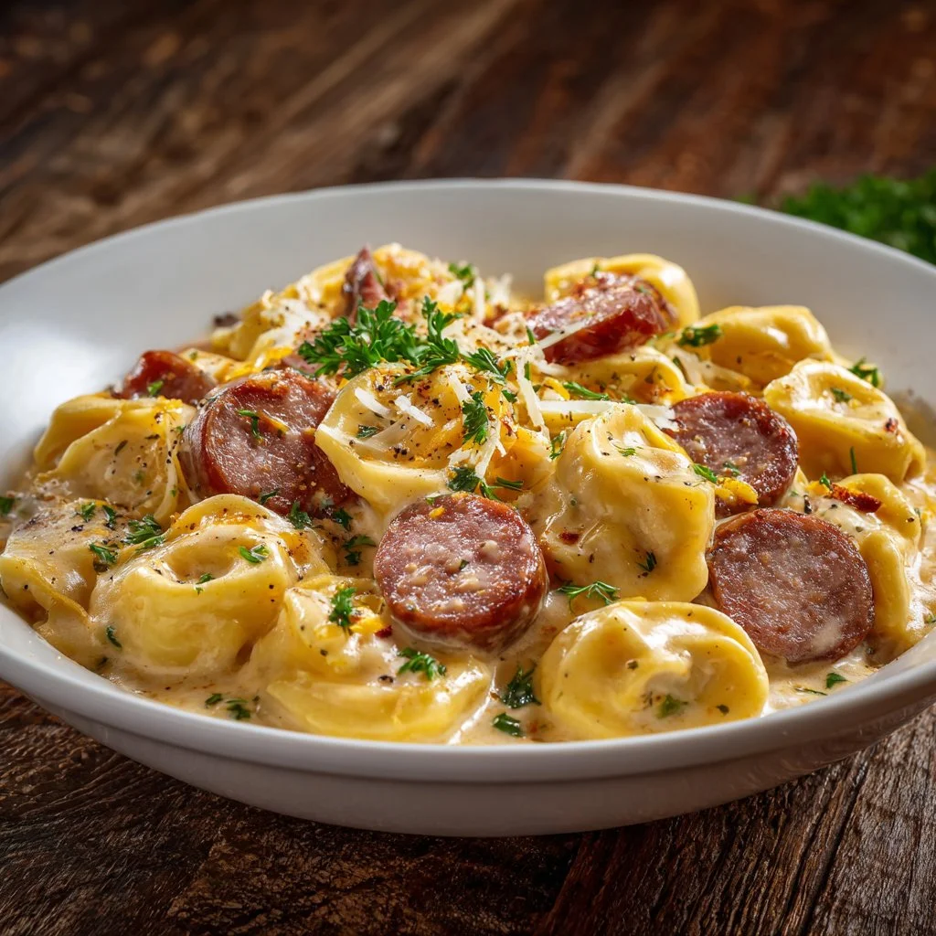 Delicious crockpot pierogi casserole with kielbasa served in a bowl