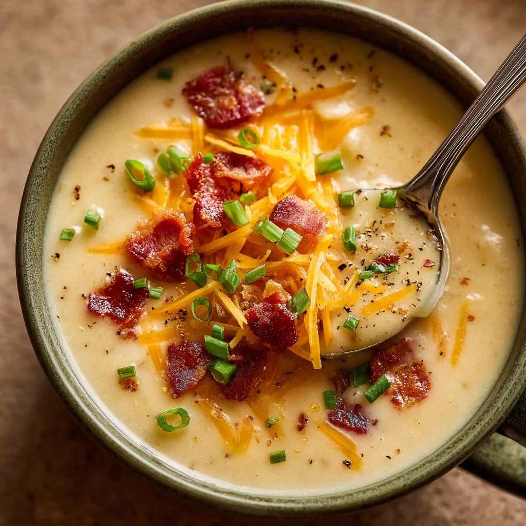 Creamy crockpot potato soup in a rustic bowl garnished with herbs
