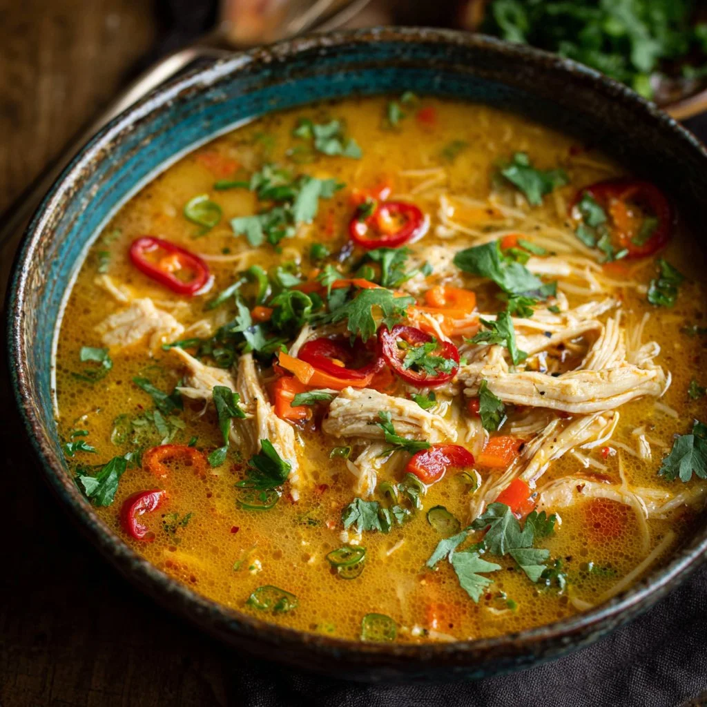 Crockpot Thai Coconut Chicken Soup in a bowl garnished with fresh herbs