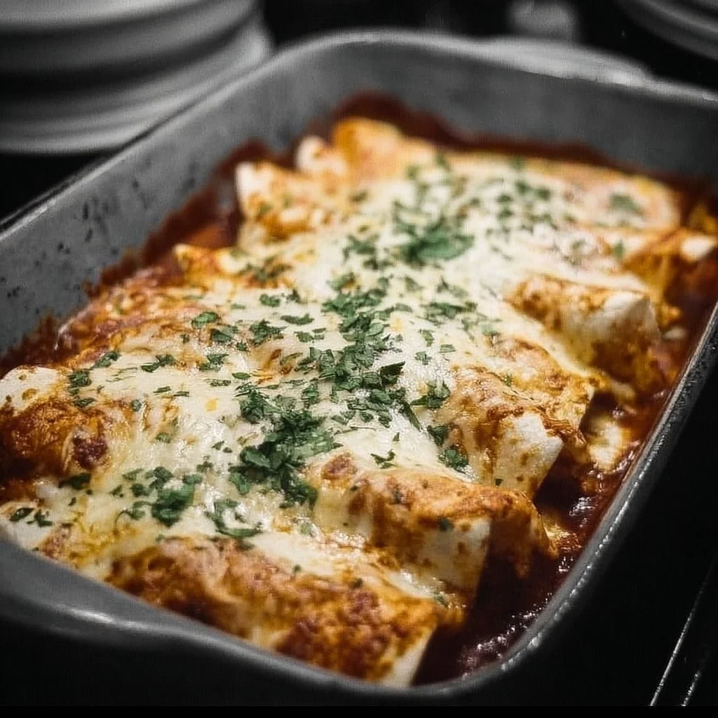 Plate of delicious chicken enchiladas garnished with fresh toppings