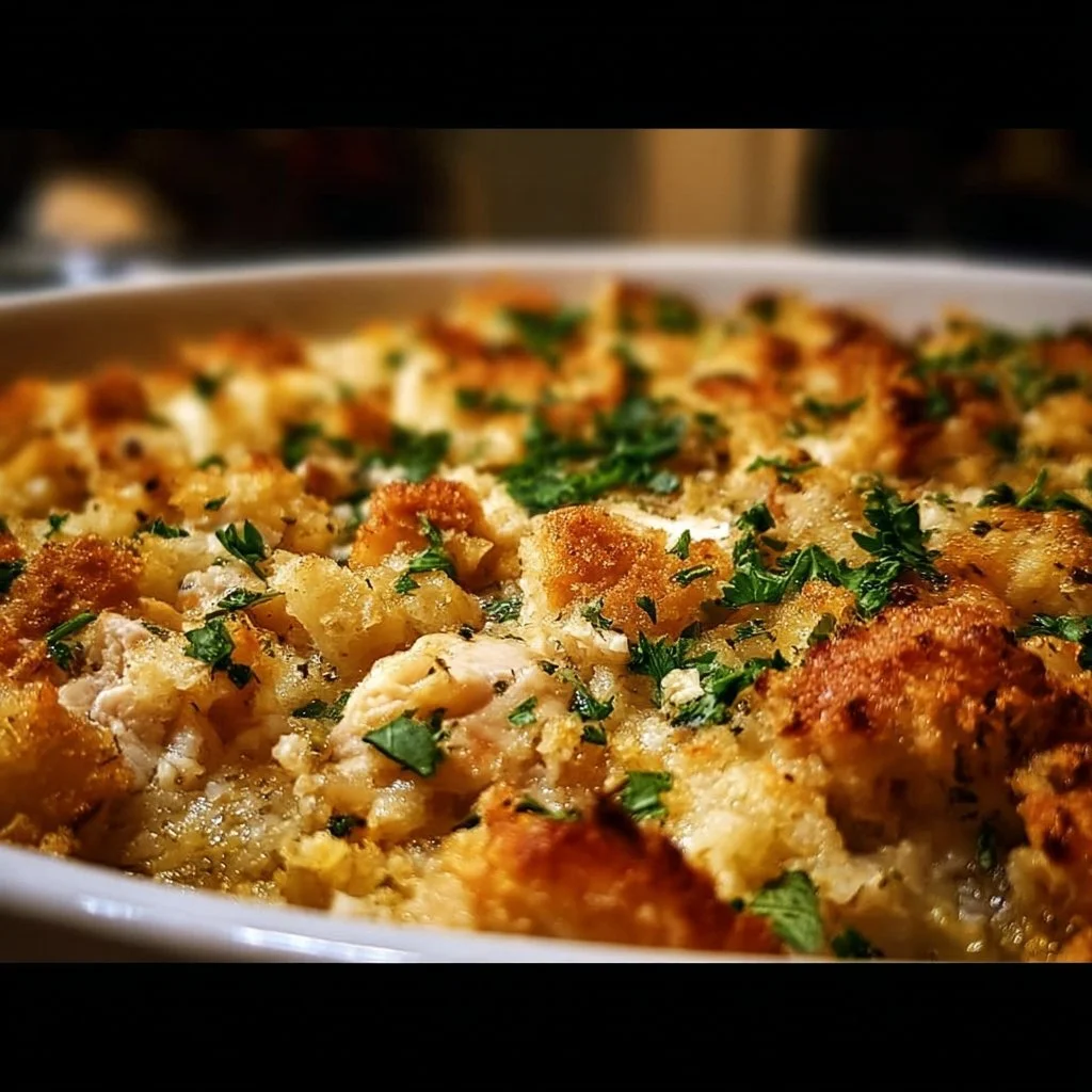 Dolly’s Chicken and Stuffing Casserole served in a baking dish