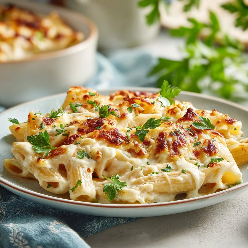 Dump and Bake Chicken Alfredo Casserole with creamy sauce and pasta.