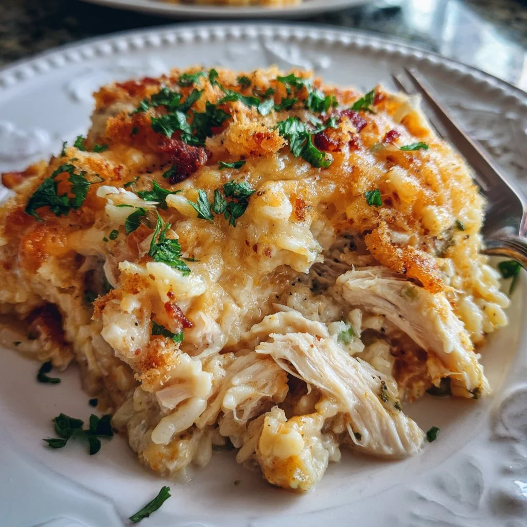 Delicious Chicken Alfredo Rice Casserole topped with cheese and herbs