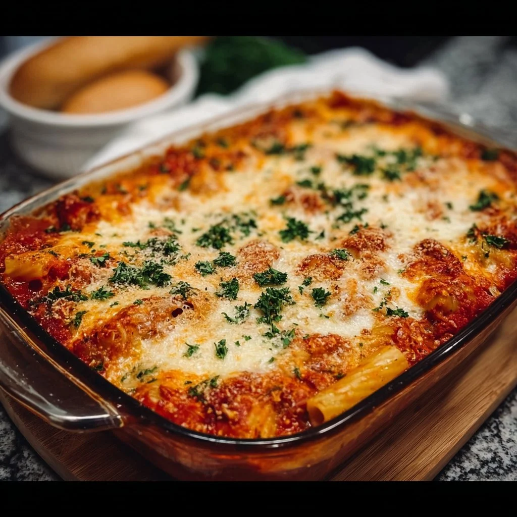 Delicious Dump-and-Bake Chicken Parmesan Casserole ready to serve