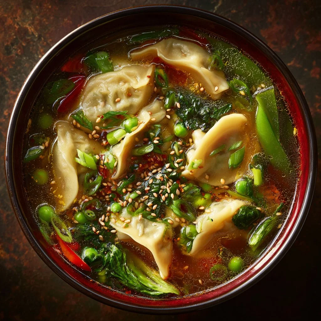 Delicious bowl of Asian dumpling potsticker soup garnished with herbs