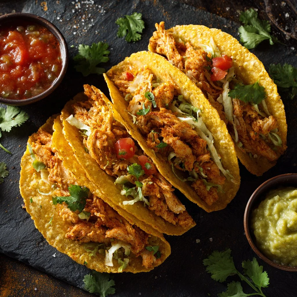 Plate of easy baked crispy chicken tacos with toppings