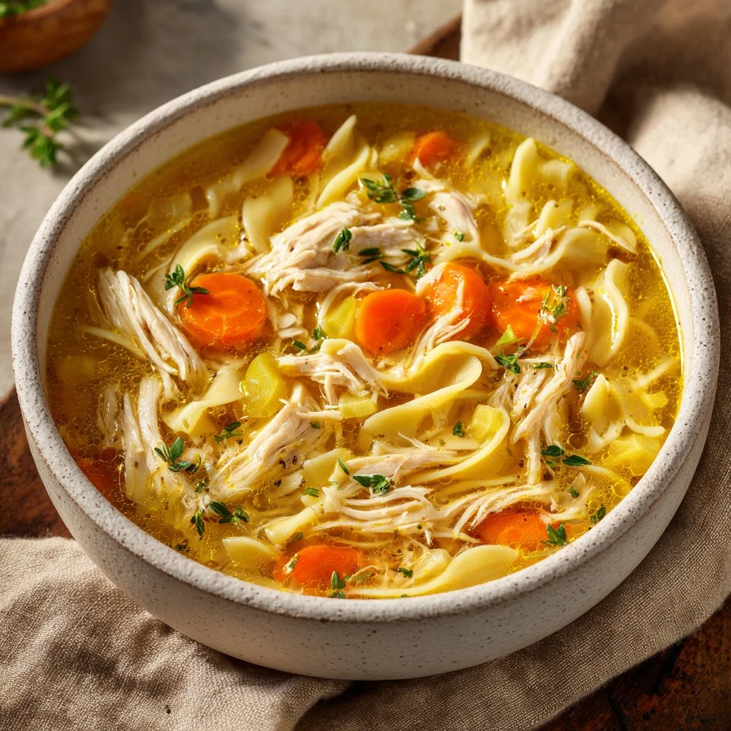 Bowl of easy chicken and dumplings with vegetables and herbs
