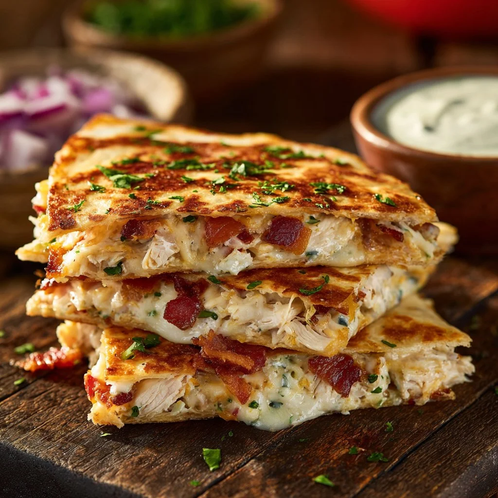 Easy chicken bacon ranch quesadilla with melted cheese and crispy bacon