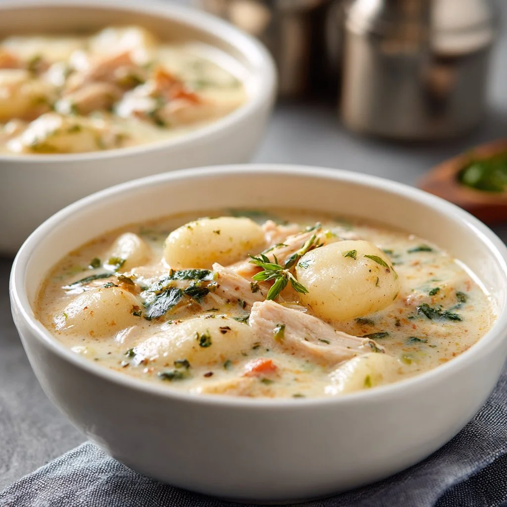 Bowl of easy chicken gnocchi soup garnished with herbs and vegetables