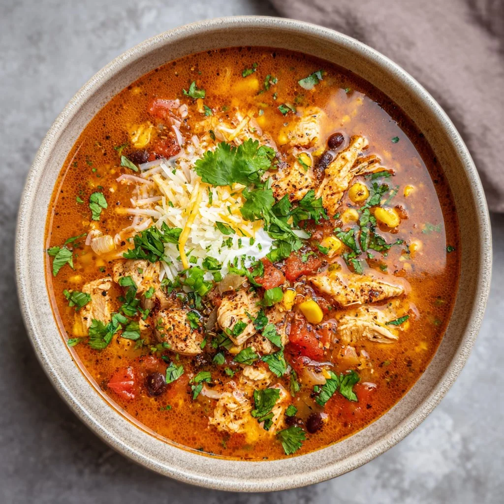 Bowl of easy chicken taco soup topped with avocado and cilantro