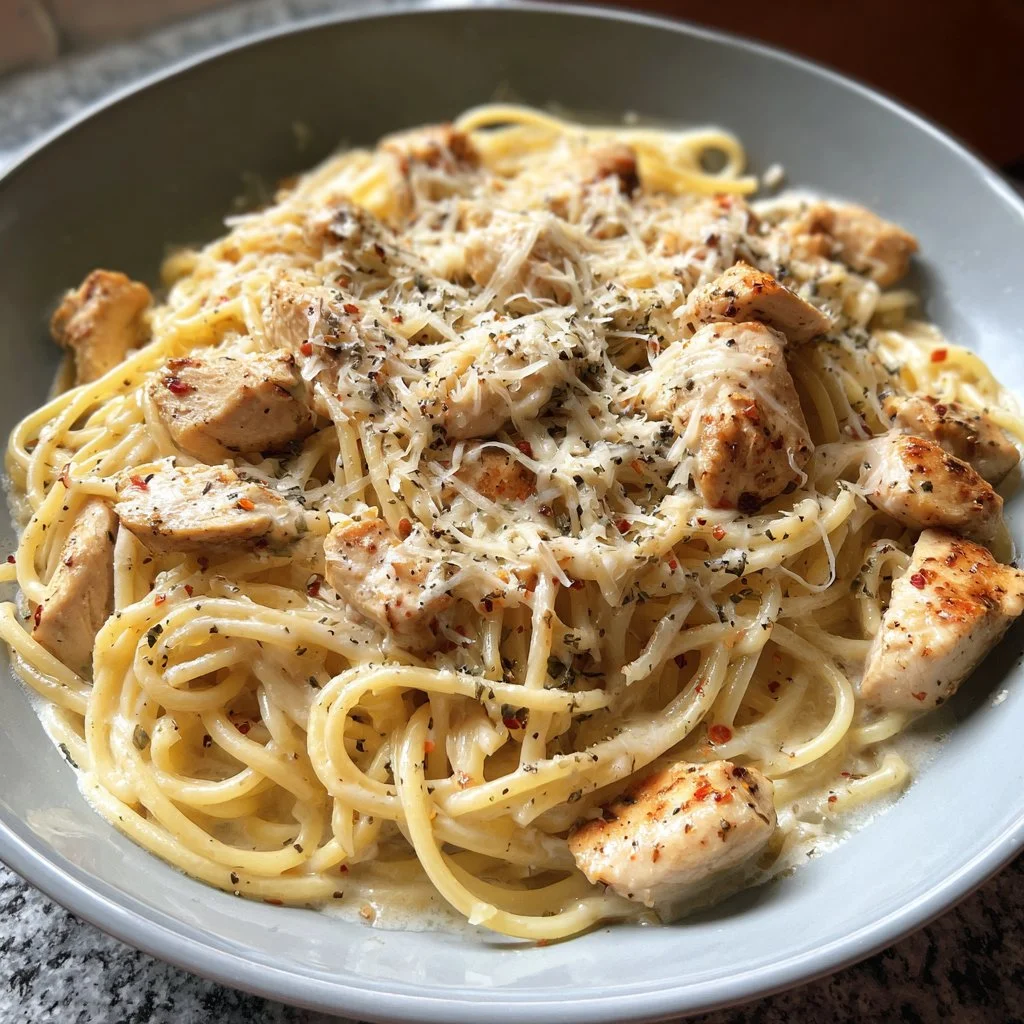 Bowl of creamy cajun chicken spaghetti garnished with parsley