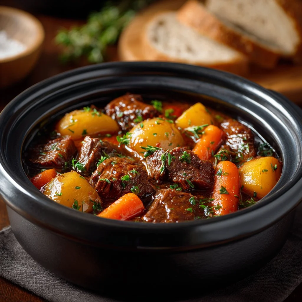 Delicious easy crock pot beef stew with fresh vegetables and tender beef.