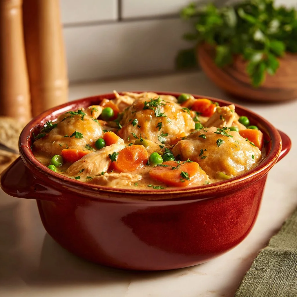 Delicious easy Crockpot chicken and dumplings served in a bowl.