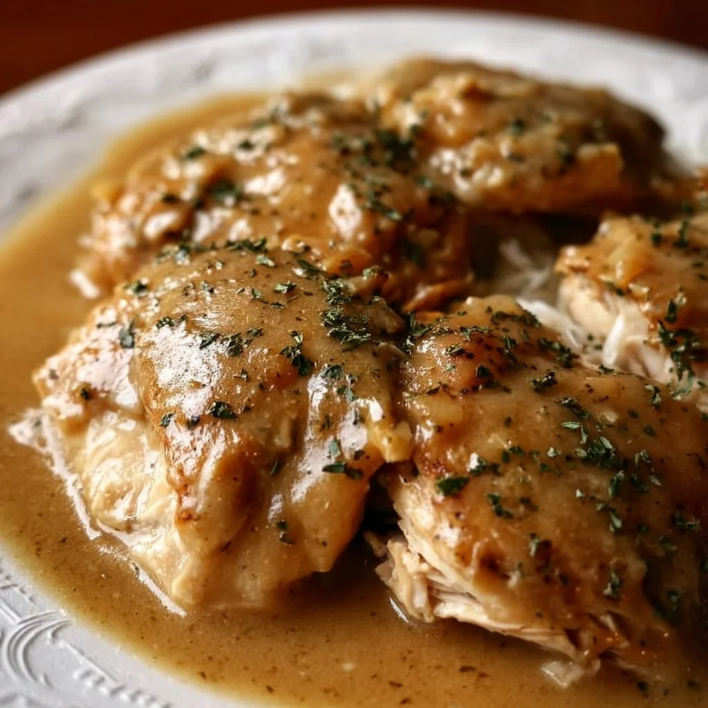 Easy Crockpot chicken and gravy recipe with tender chicken and rich sauce