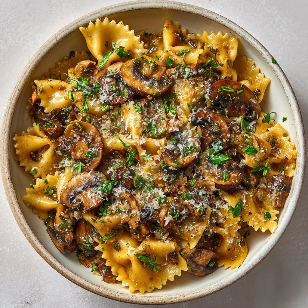 Bowl of easy garlic mushroom pasta topped with parsley and grated cheese