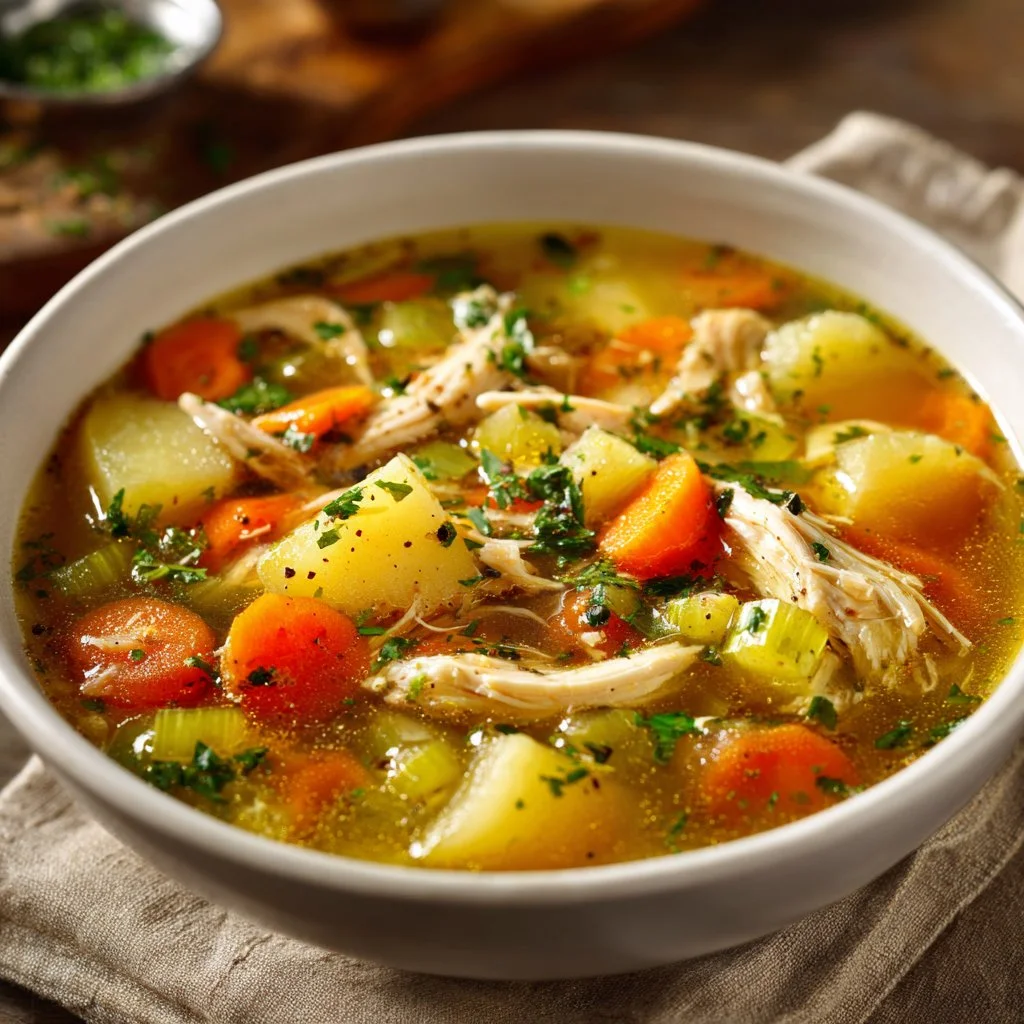 Bowl of easy healthy homemade chicken soup with fresh vegetables