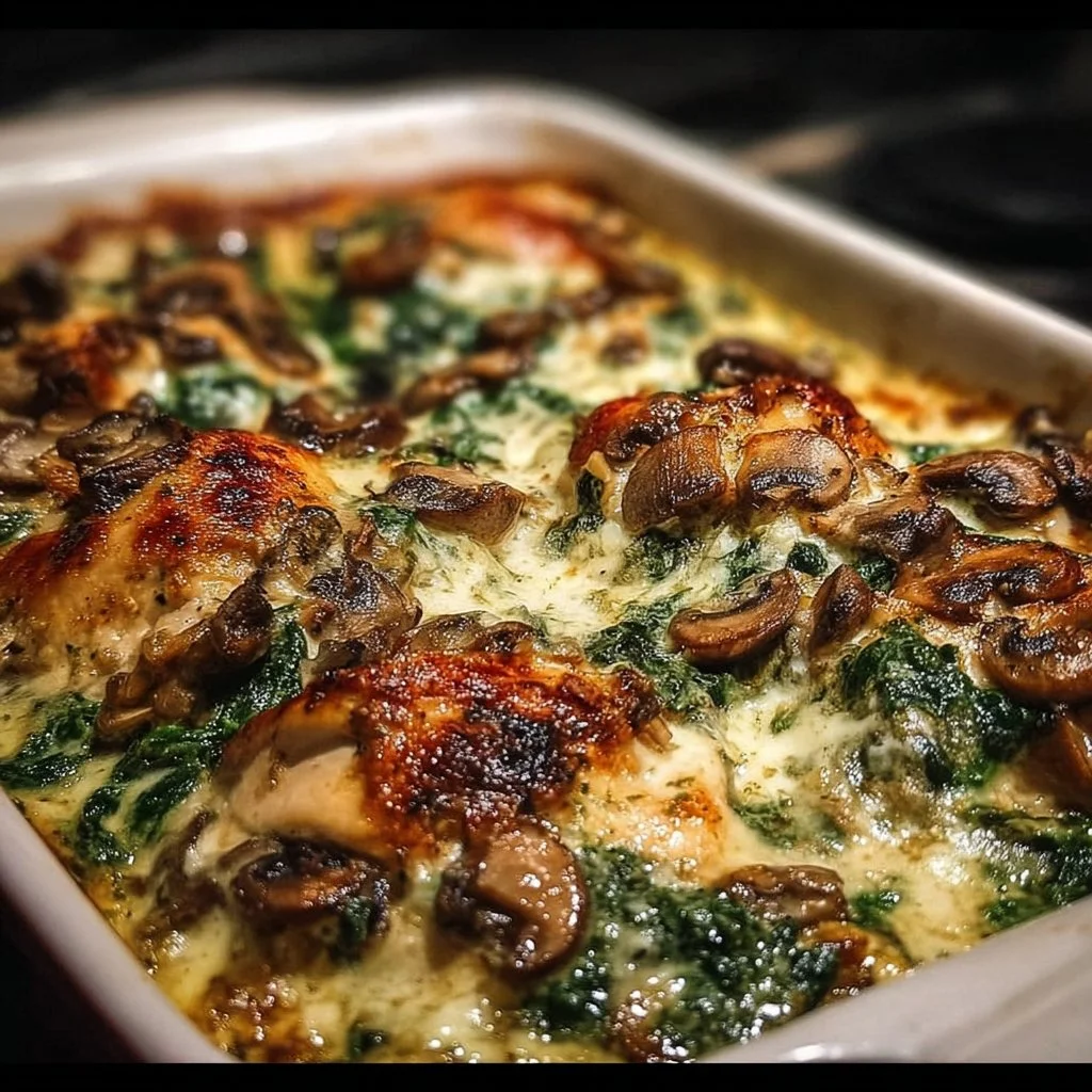 Easy low-carb chicken bake with spinach and mushrooms in a baking dish.